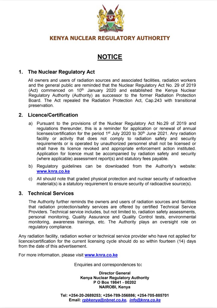 Notice of renewal of licences/certificates KNRA